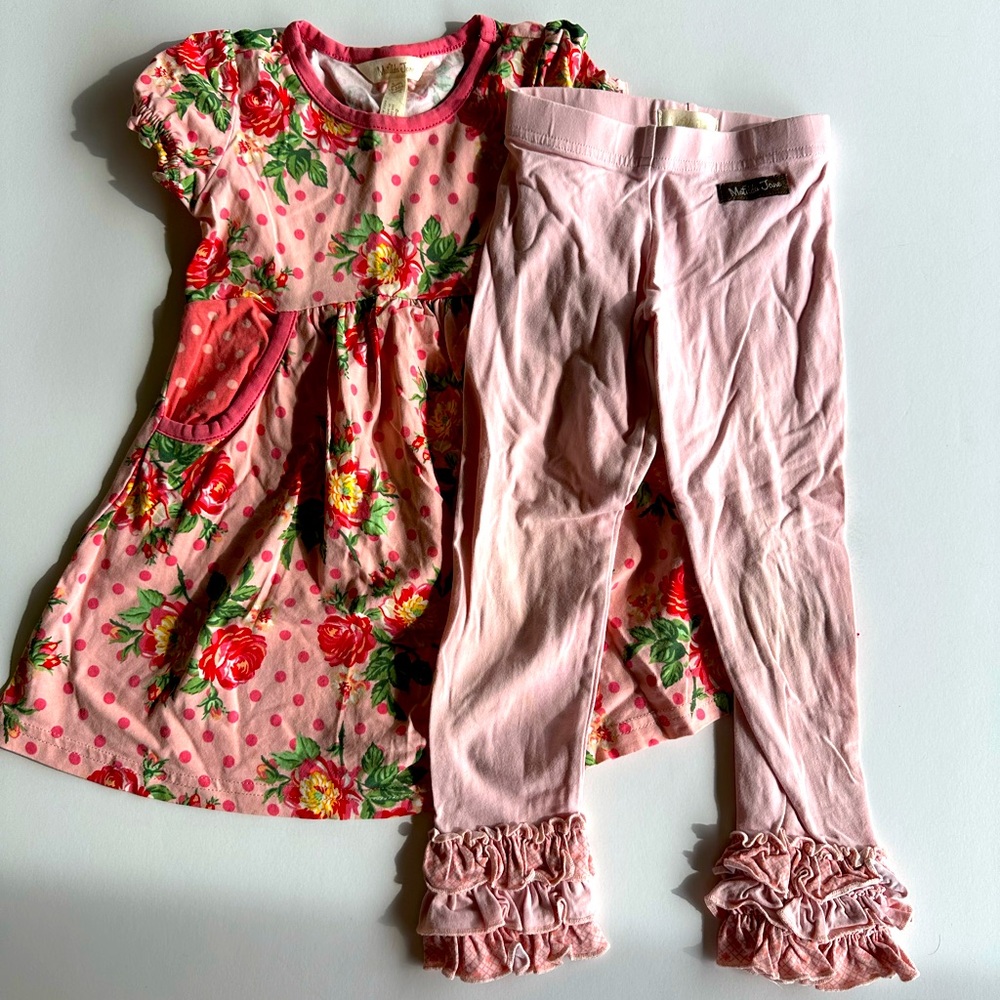 Matilda Jane pink rose short sleeve dress and light pink ruffle leggings size 2